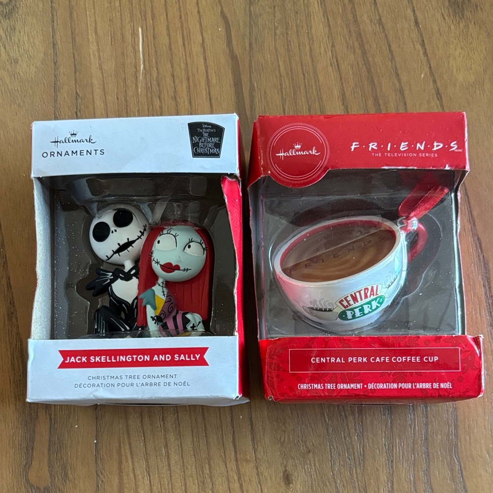 Hallmark Jack Skellington and Sally Ornaments with Central Perk Cup